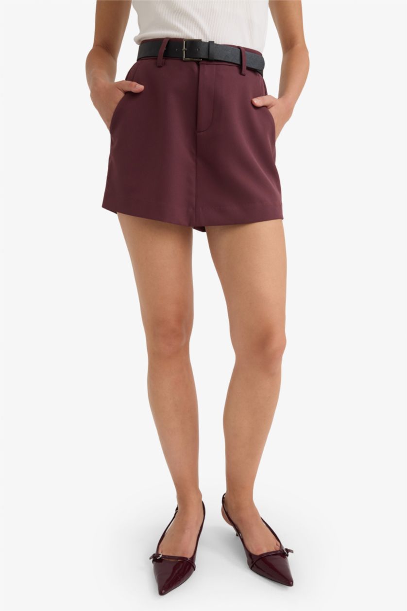 Kadın Bordo  Yüksek Bel Düz Paça Kemerli Şort Etek