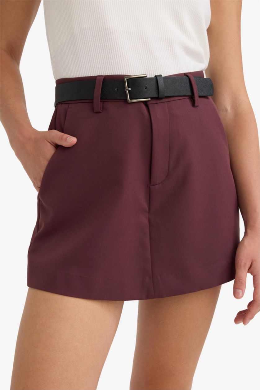 Kadın Bordo  Yüksek Bel Düz Paça Kemerli Şort Etek