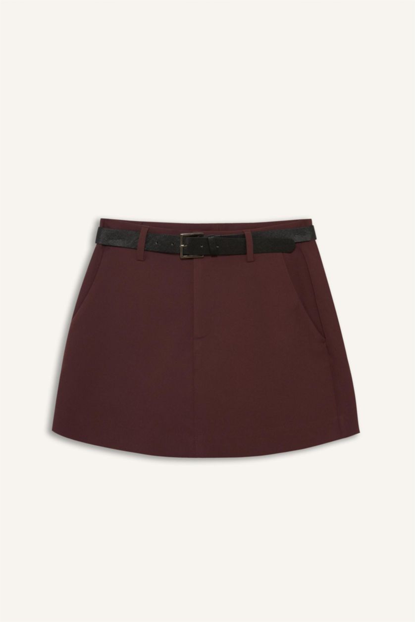 Kadın Bordo  Yüksek Bel Düz Paça Kemerli Şort Etek
