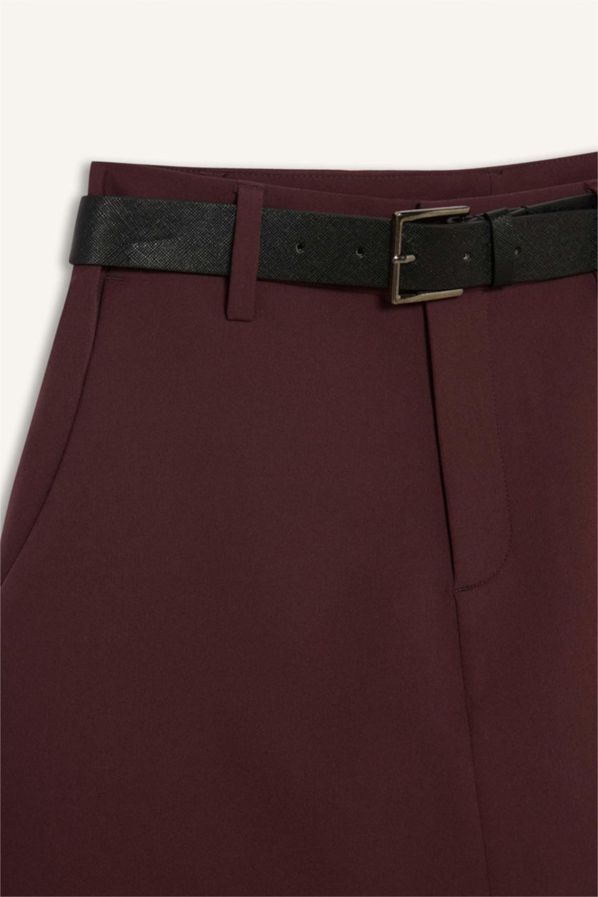 Kadın Bordo  Yüksek Bel Düz Paça Kemerli Şort Etek