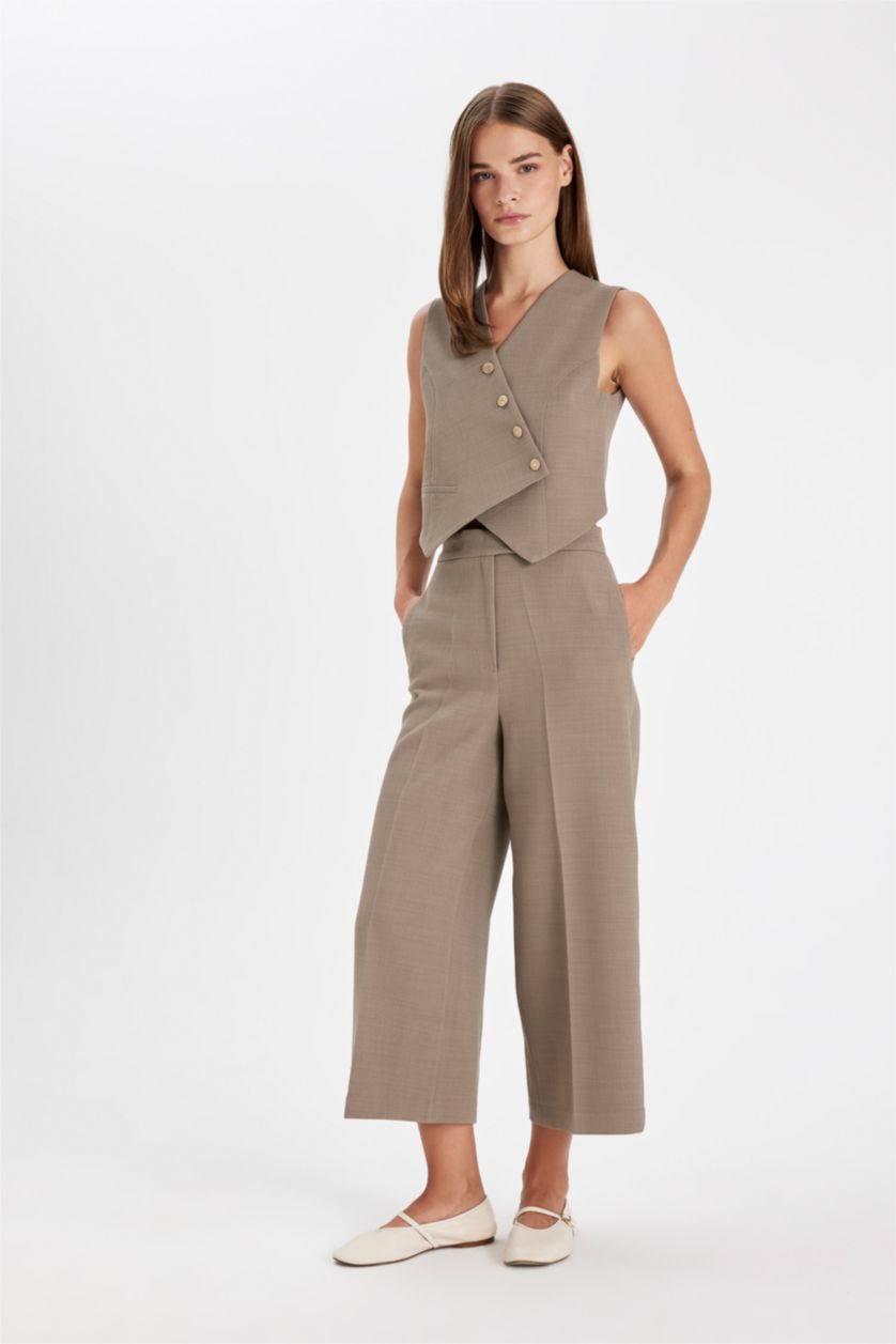 Kadın Meşe Yeşili Culotte Çift Cepli Yüksek Bel Düz Paça Kumaş Pantolon