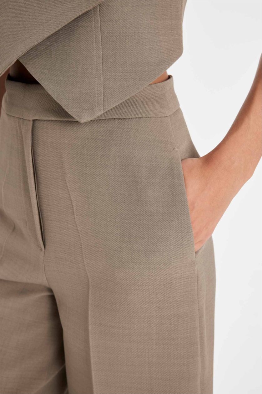 Kadın Meşe Yeşili Culotte Çift Cepli Yüksek Bel Düz Paça Kumaş Pantolon