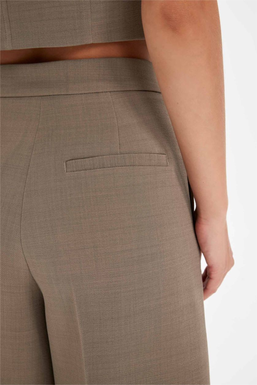 Kadın Meşe Yeşili Culotte Çift Cepli Yüksek Bel Düz Paça Kumaş Pantolon