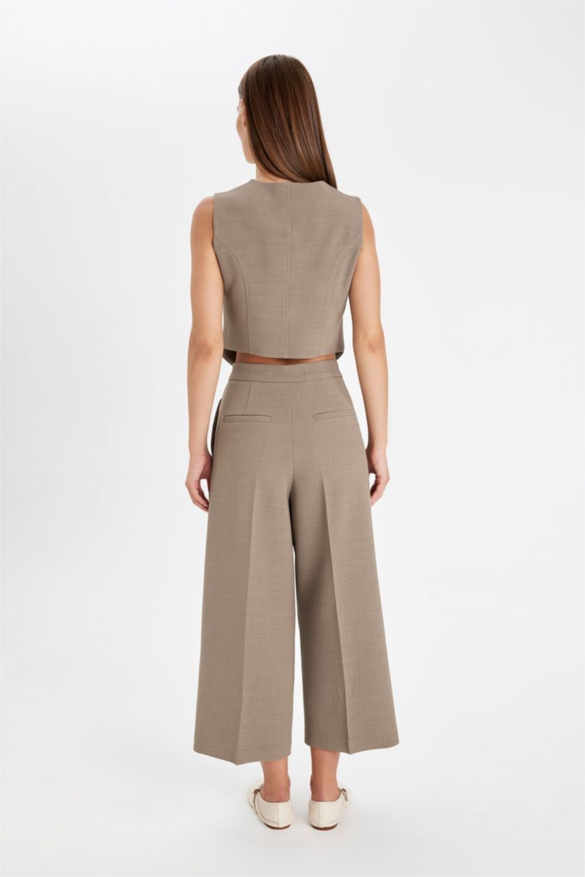 Kadın Meşe Yeşili Culotte Çift Cepli Yüksek Bel Düz Paça Kumaş Pantolon