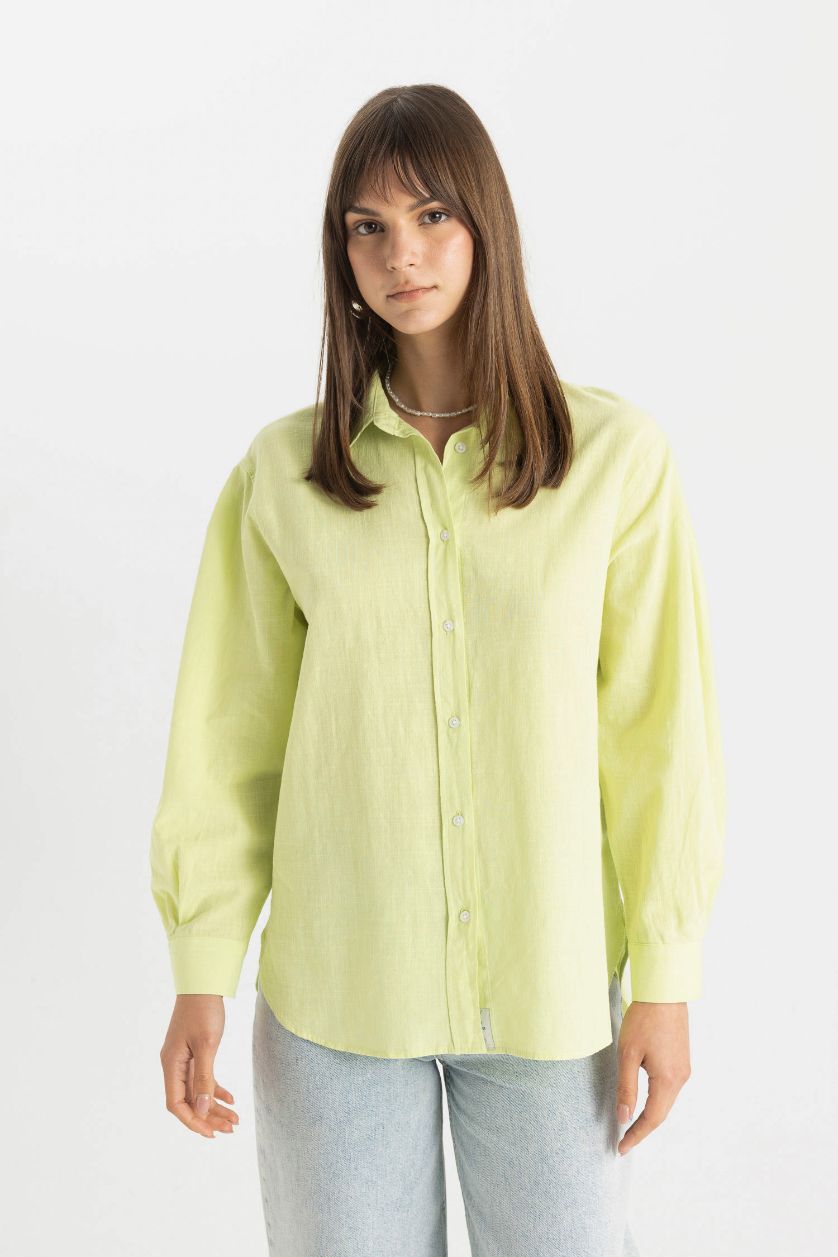 نساء أخضر فاتح قميص طويل قطن مطبوع قصة مريحة