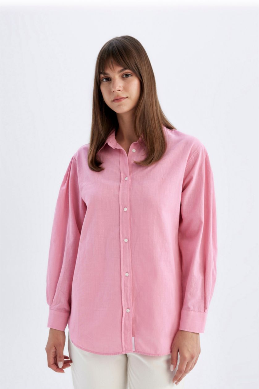 WOMAN Pink Relax Fit Flamed Cotton Long Sleeve Shirt Tunic