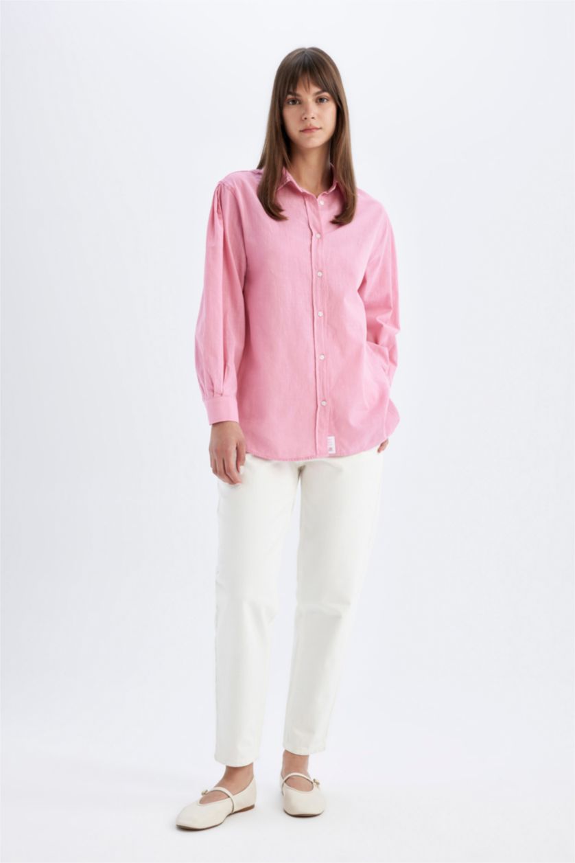 WOMAN Pink Relax Fit Flamed Cotton Long Sleeve Shirt Tunic