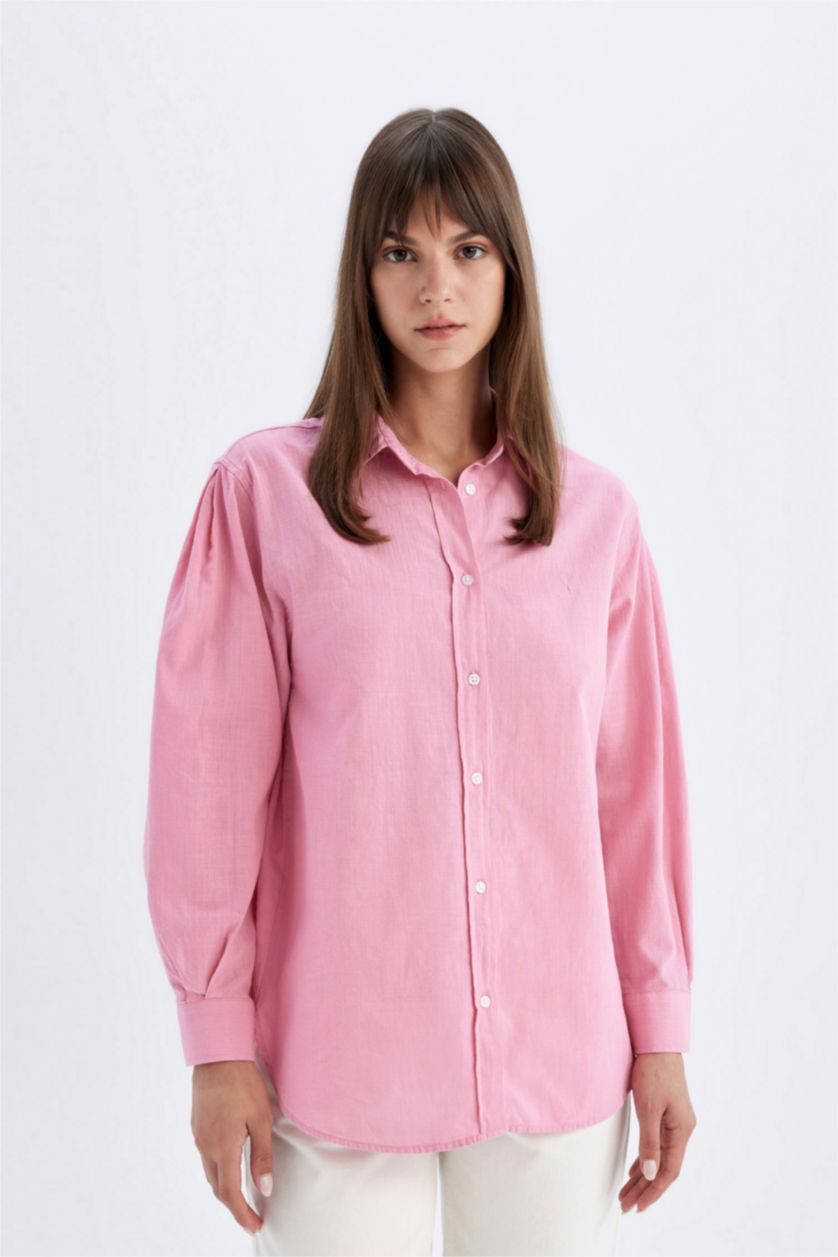 WOMAN Pink Relax Fit Flamed Cotton Long Sleeve Shirt Tunic