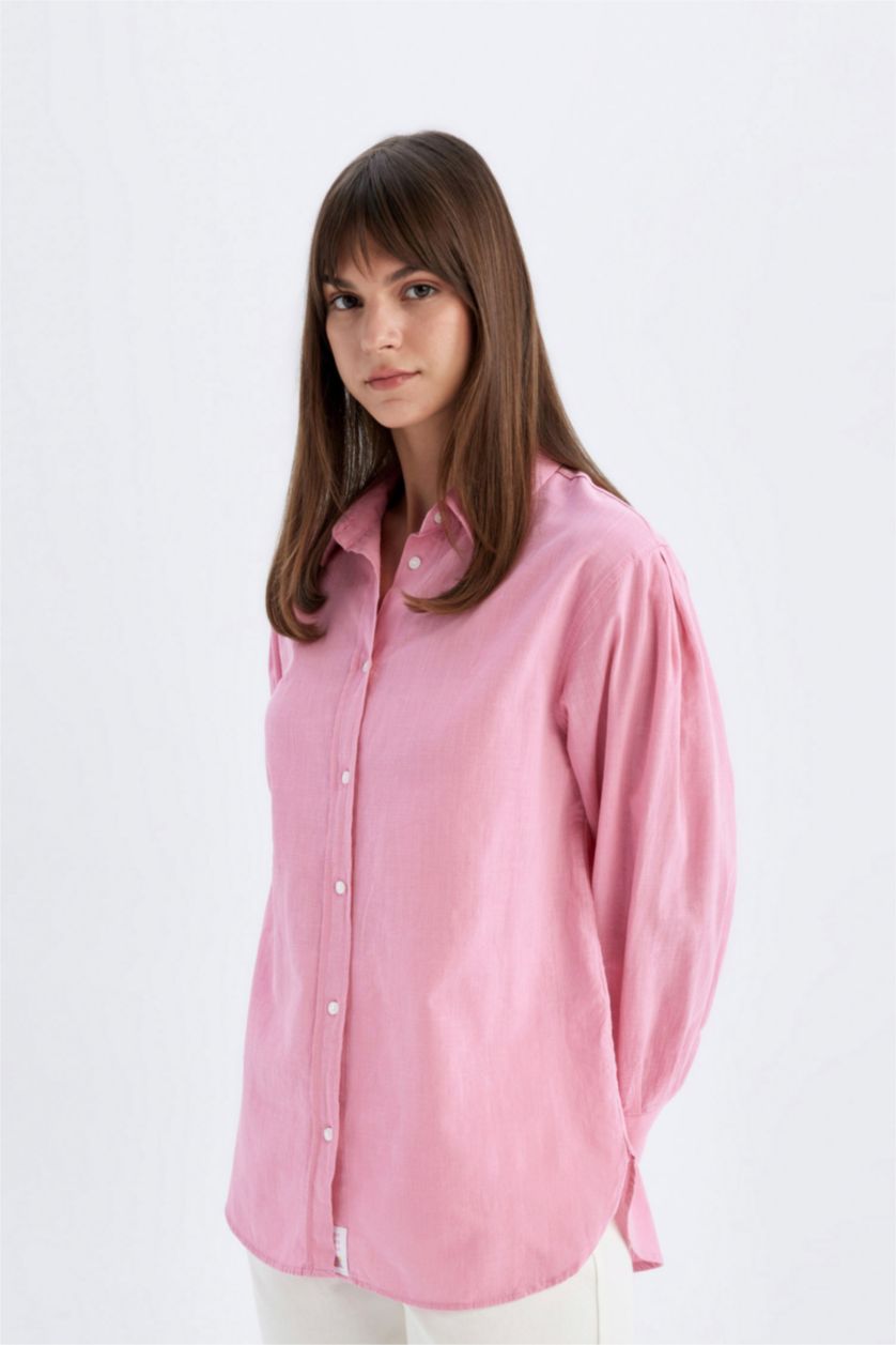 WOMAN Pink Relax Fit Flamed Cotton Long Sleeve Shirt Tunic