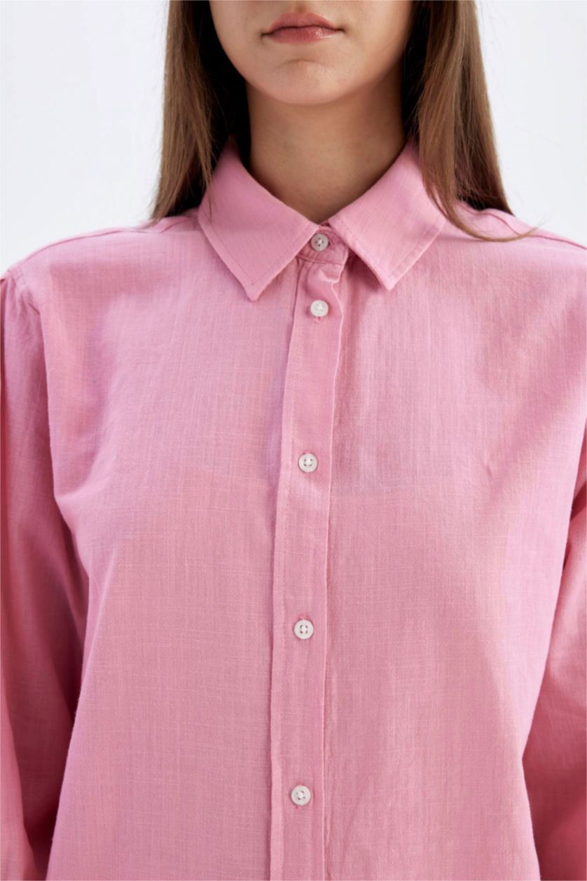 WOMAN Pink Relax Fit Flamed Cotton Long Sleeve Shirt Tunic