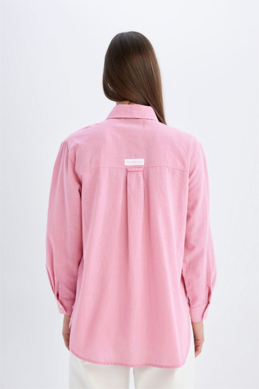WOMAN Pink Relax Fit Flamed Cotton Long Sleeve Shirt Tunic