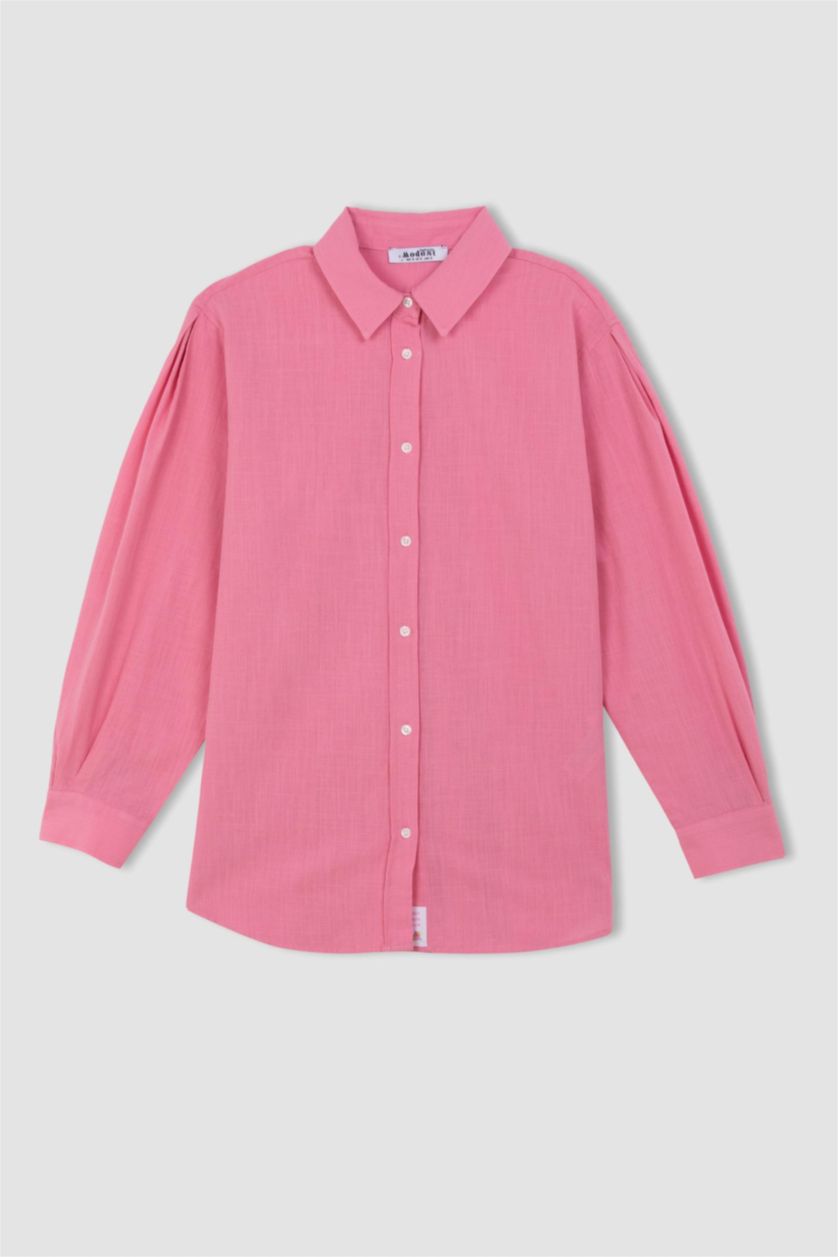 WOMAN Pink Relax Fit Flamed Cotton Long Sleeve Shirt Tunic