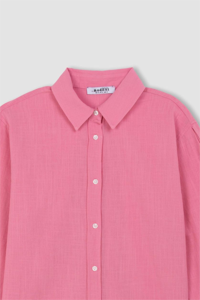 WOMAN Pink Relax Fit Flamed Cotton Long Sleeve Shirt Tunic