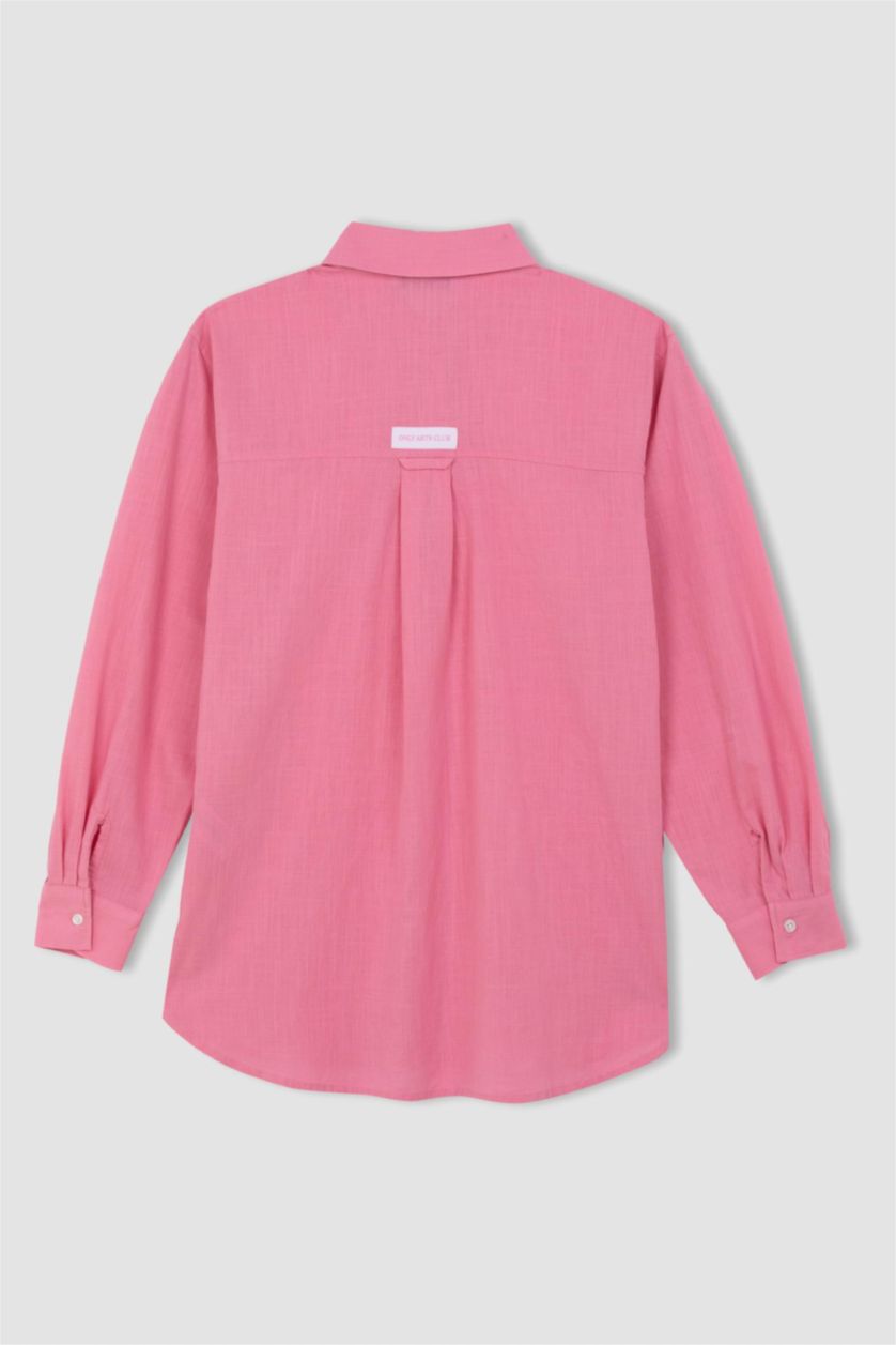 WOMAN Pink Relax Fit Flamed Cotton Long Sleeve Shirt Tunic