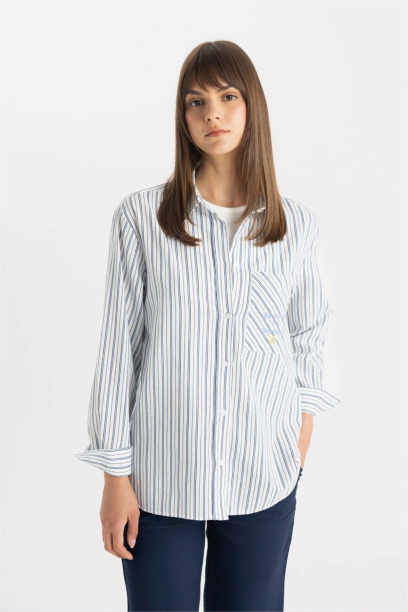 WOMAN Blue Relax Fit Long Sleeve Flared Cotton Striped Tunic