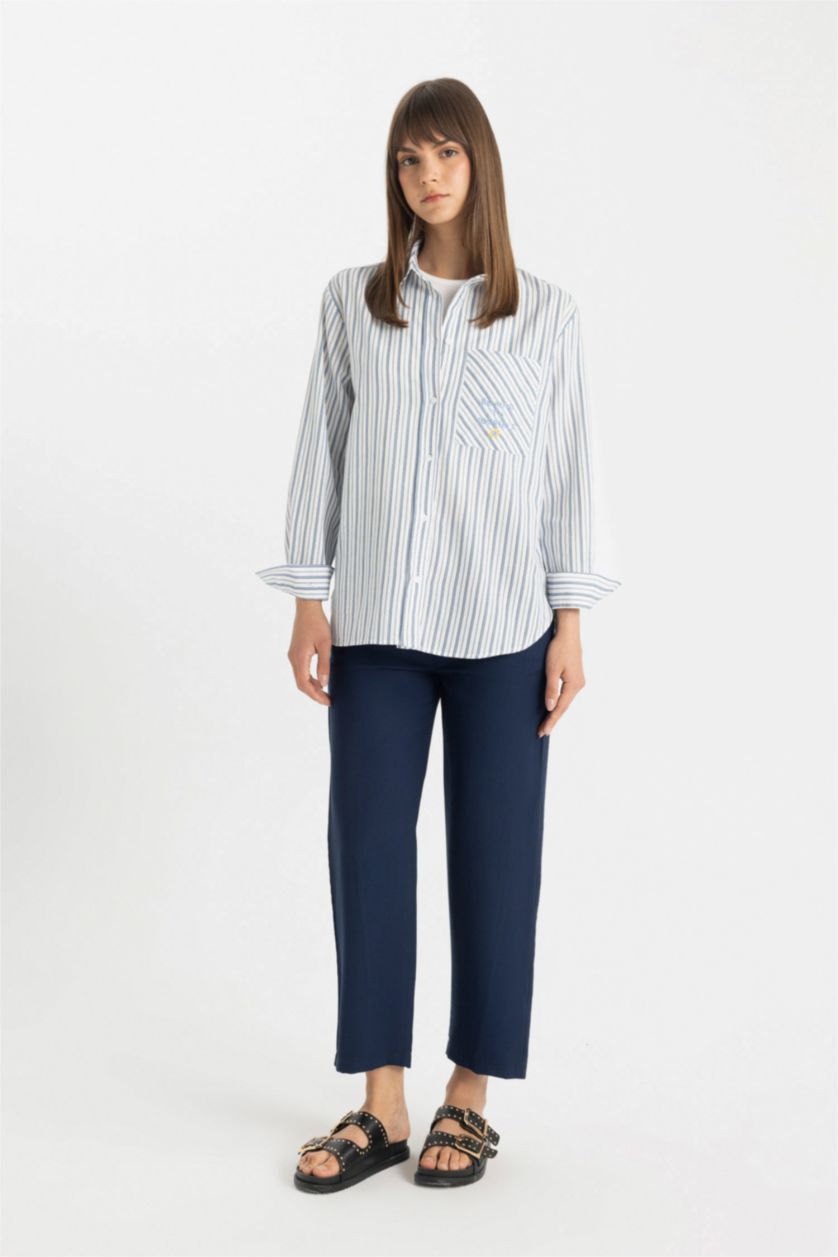 WOMAN Blue Relax Fit Long Sleeve Flared Cotton Striped Tunic