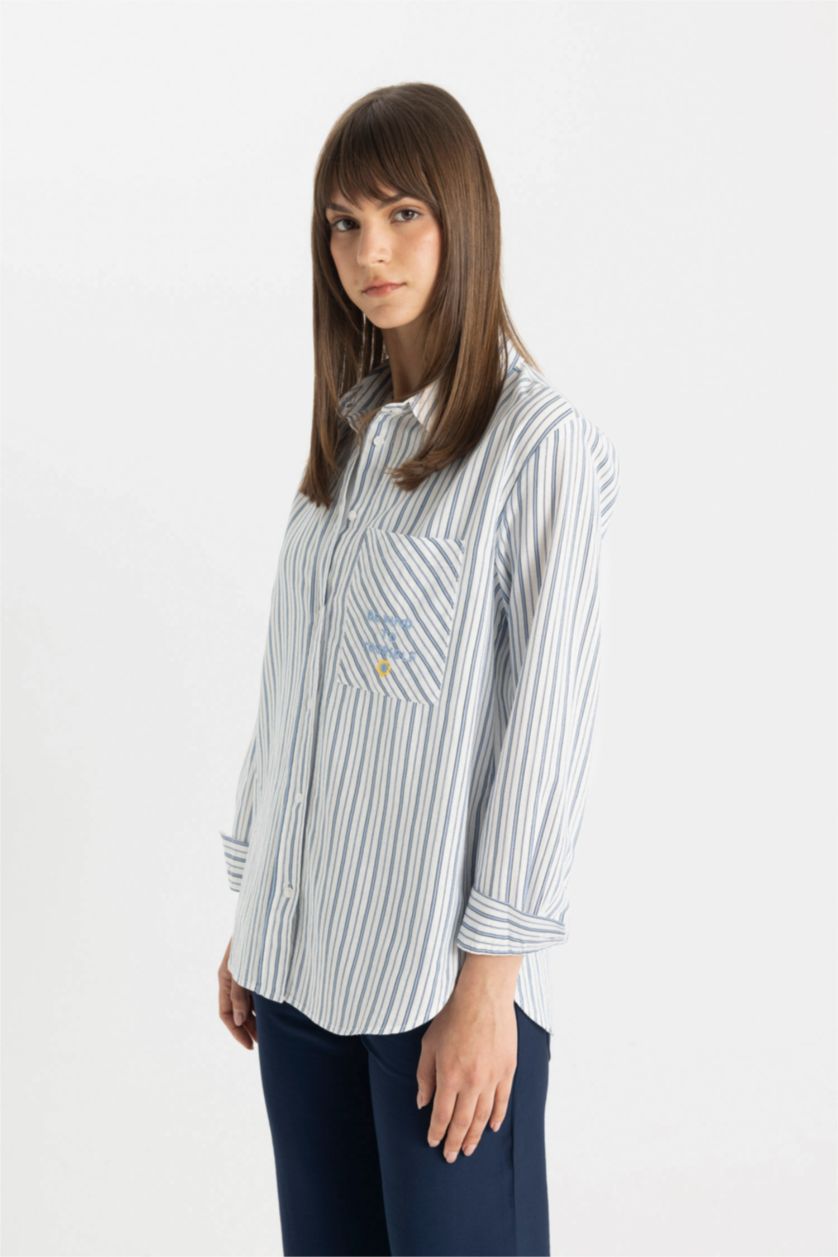 WOMAN Blue Relax Fit Long Sleeve Flared Cotton Striped Tunic