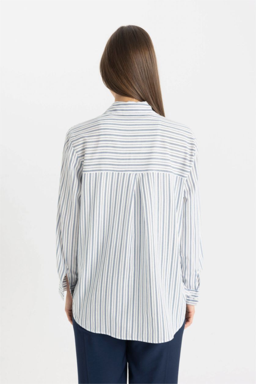 WOMAN Blue Relax Fit Long Sleeve Flared Cotton Striped Tunic