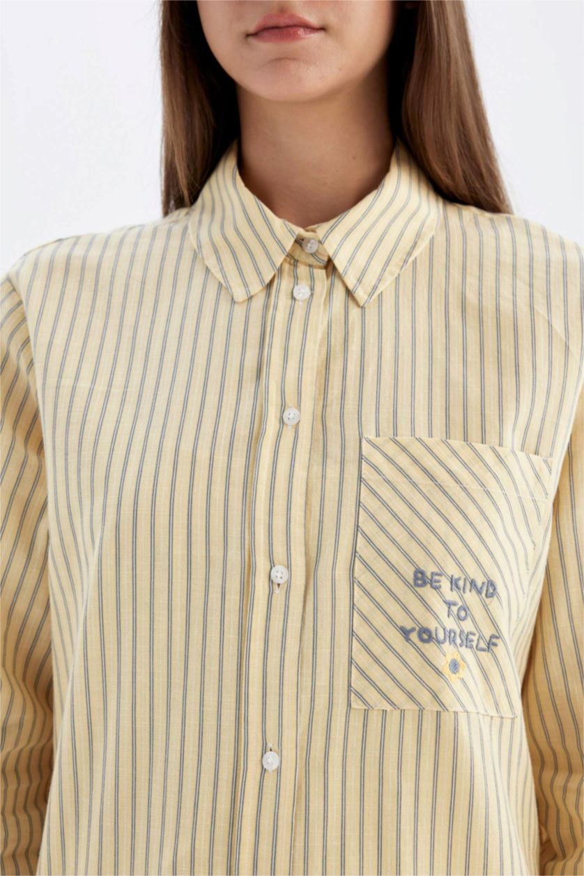 Kadın Sarı 
Relax Fit Çizgili Uzun Kollu Flamlı Pamuk Gömlek Tunik
