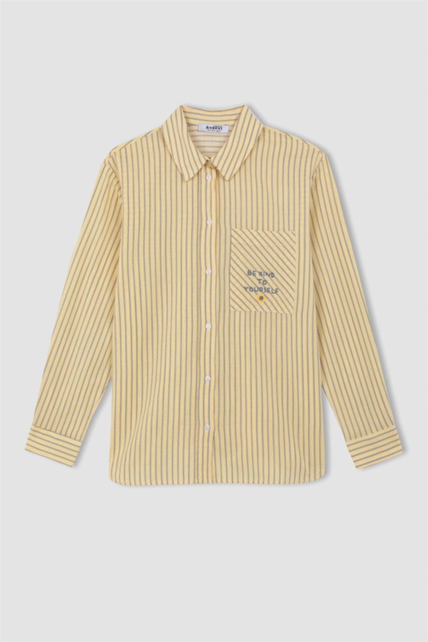 Kadın Sarı 
Relax Fit Çizgili Uzun Kollu Flamlı Pamuk Gömlek Tunik
