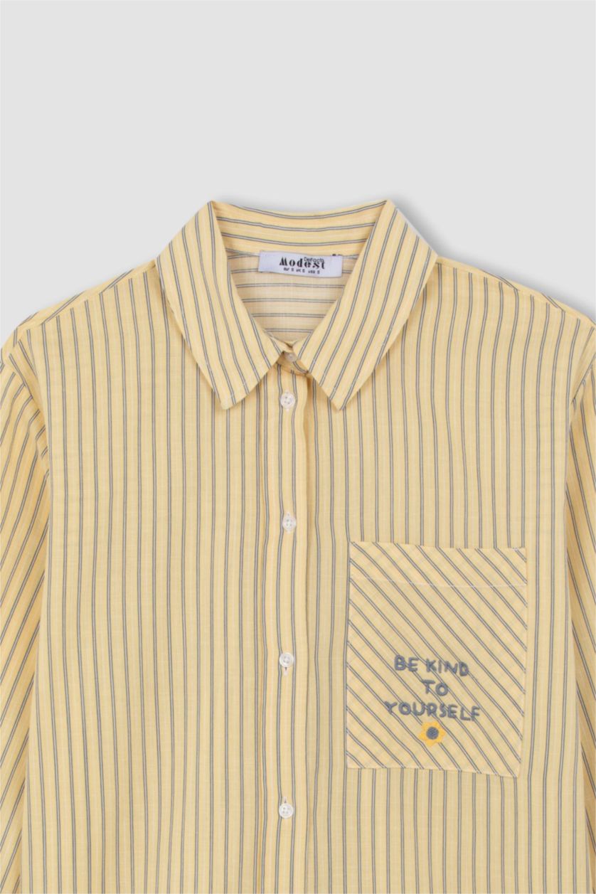 Kadın Sarı 
Relax Fit Çizgili Uzun Kollu Flamlı Pamuk Gömlek Tunik
