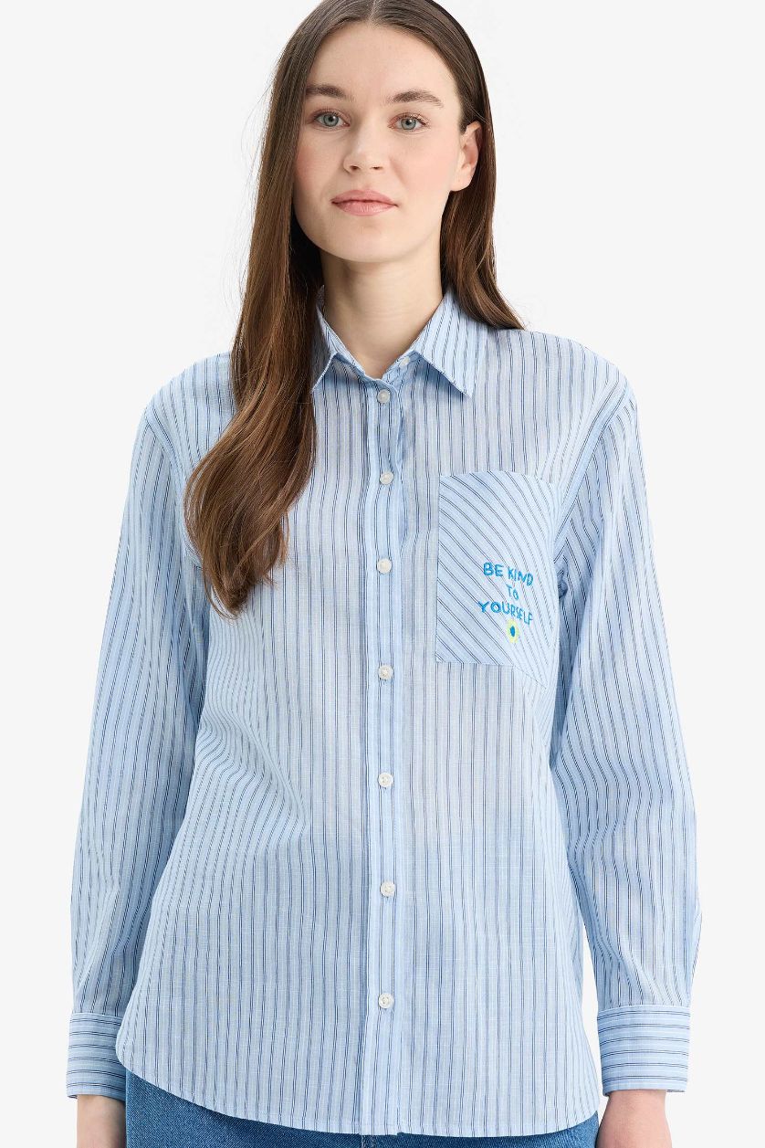 نساء أزرق فاتح تونيكة كم طويل مطبوعة قصة مريحة