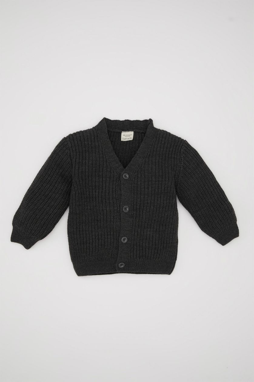BÉBÉ GARÇON Gris Cardigan en Tricot à Boutons Noir avec Col en V pour Bébé Garçon