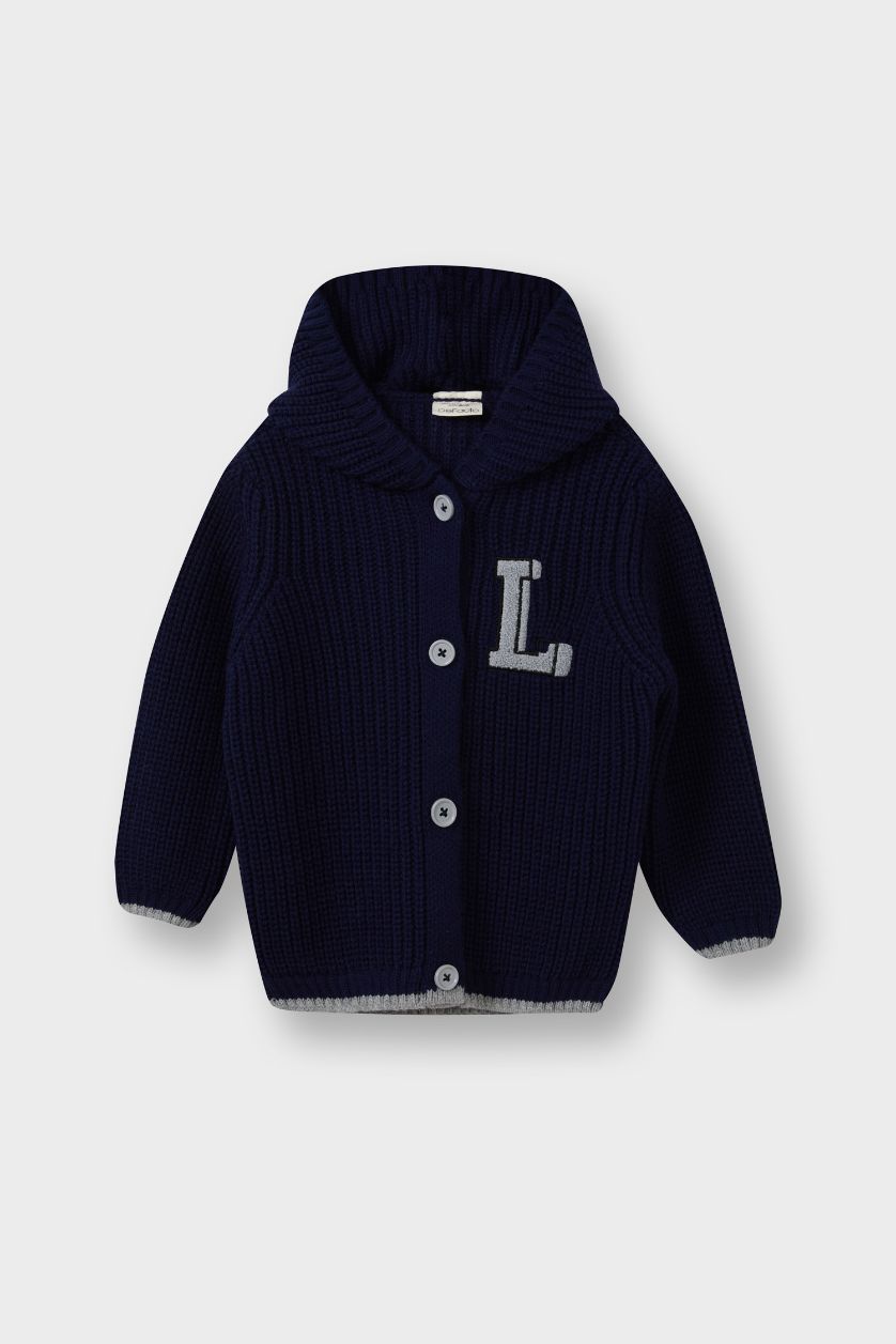 Erkek Bebek Lacivert Triko Kapüşonlu Harf Nakışlı Düğmeli Hırka Erkek Bebek