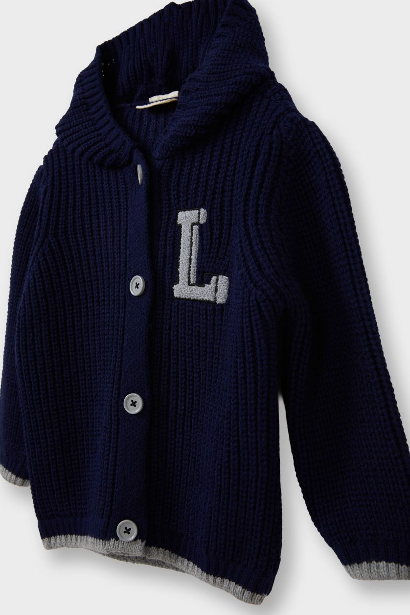 Erkek Bebek Lacivert Triko Kapüşonlu Harf Nakışlı Düğmeli Hırka Erkek Bebek