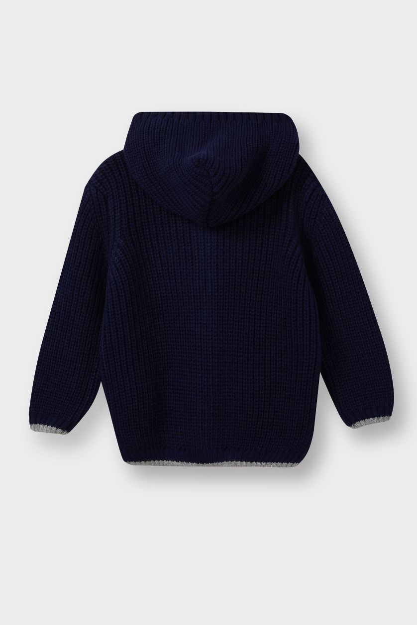 Erkek Bebek Lacivert Triko Kapüşonlu Harf Nakışlı Düğmeli Hırka Erkek Bebek