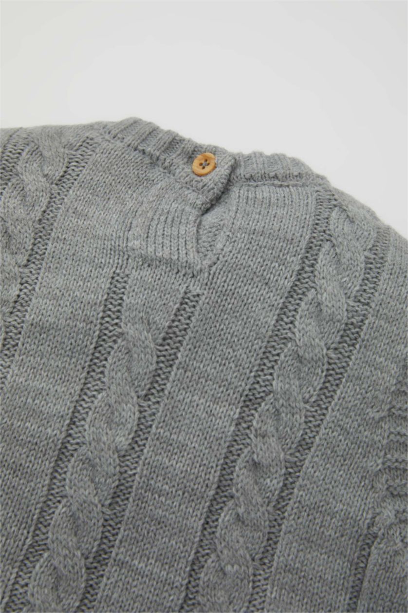Erkek Bebek Açık Gri Melange Erkek Bebek Bisiklet Yaka Örgü Desen Triko Süveter