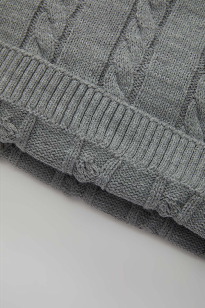 Erkek Bebek Açık Gri Melange Erkek Bebek Bisiklet Yaka Örgü Desen Triko Süveter