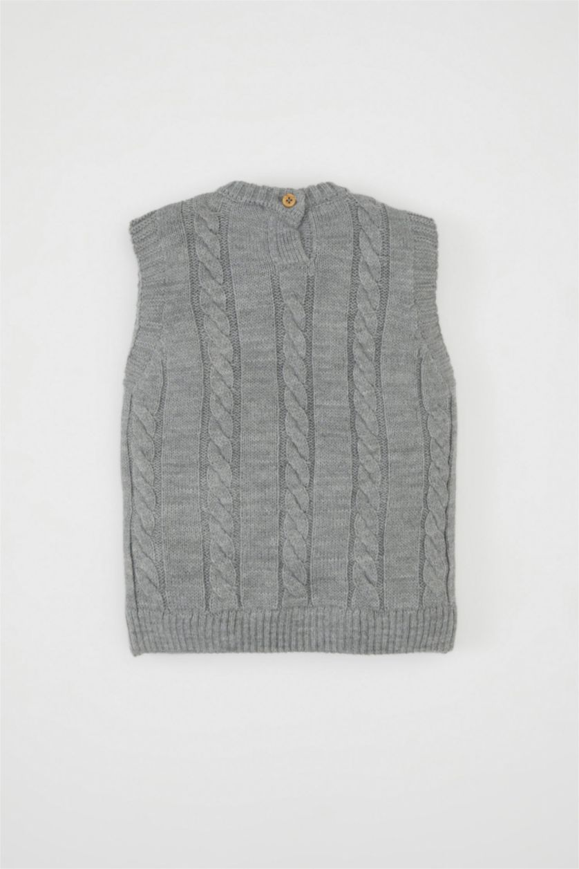 Erkek Bebek Açık Gri Melange Erkek Bebek Bisiklet Yaka Örgü Desen Triko Süveter