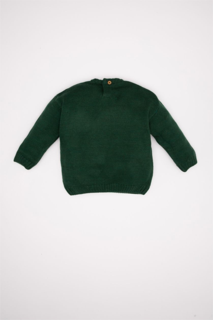 Erkek Bebek Açık Haki Bisiklet Yaka Baskılı Triko Kazak Erkek Bebek