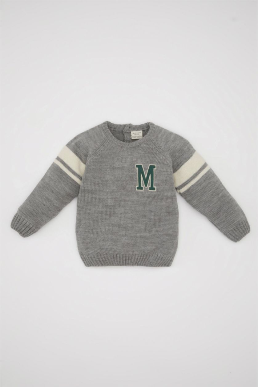 BABY BOY Light Grey Melange Baby Boy Printed Knitted Pullover