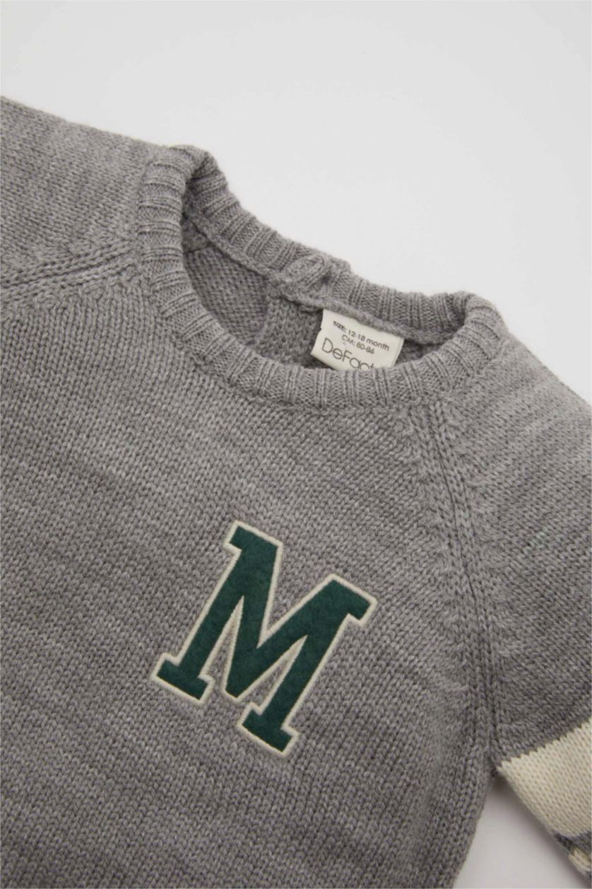 BABY BOY Light Grey Melange Baby Boy Printed Knitted Pullover