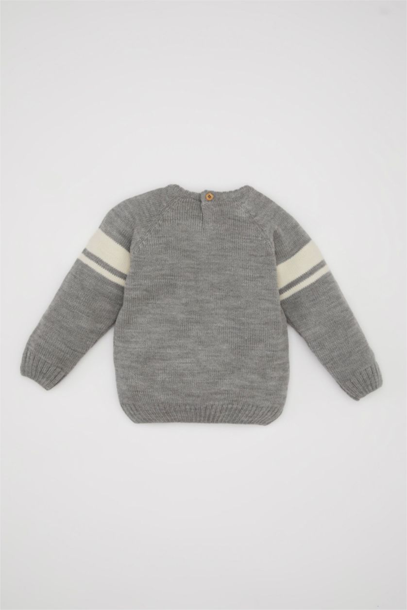 BABY BOY Light Grey Melange Baby Boy Printed Knitted Pullover