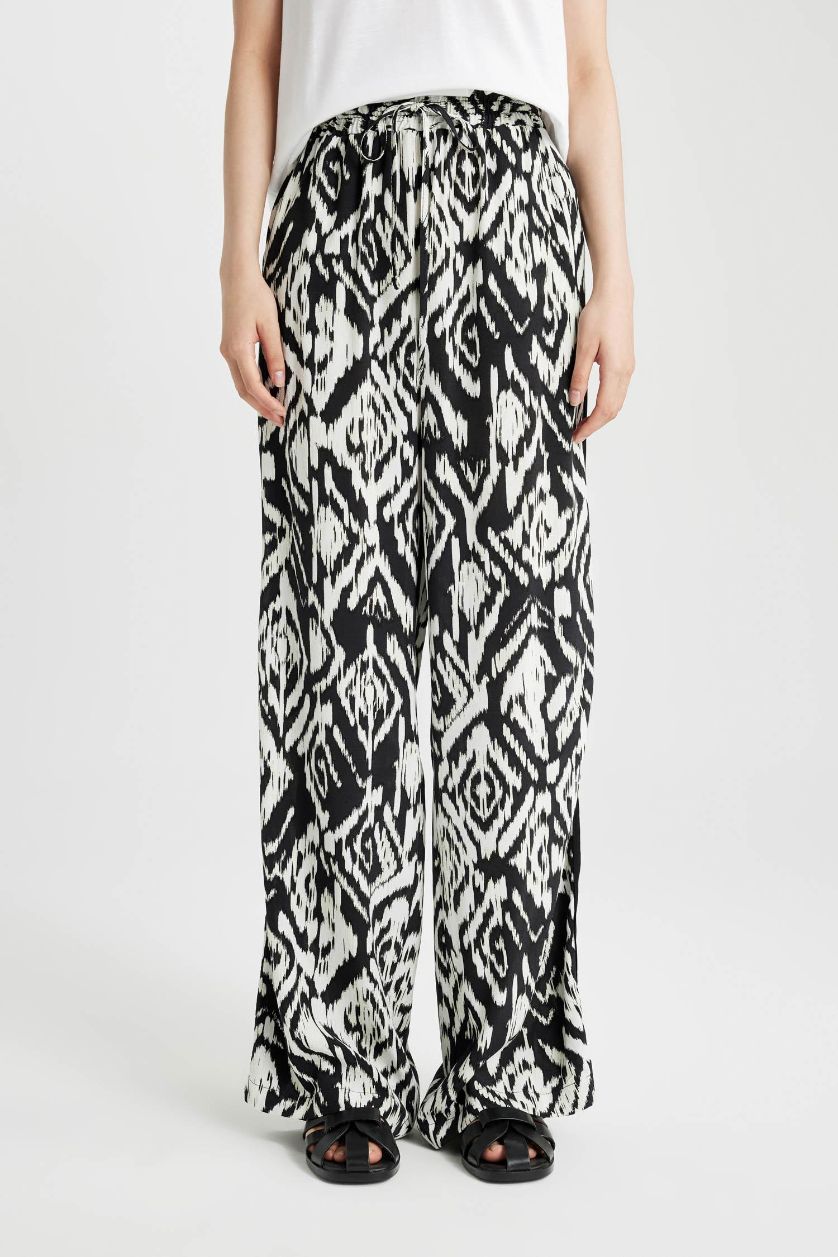 FEMME Noir Pantalon Large Taille Haute à Motifs avec Poches