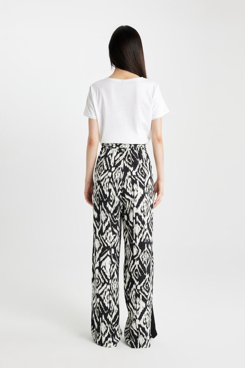 FEMME Noir Pantalon Large Taille Haute à Motifs avec Poches