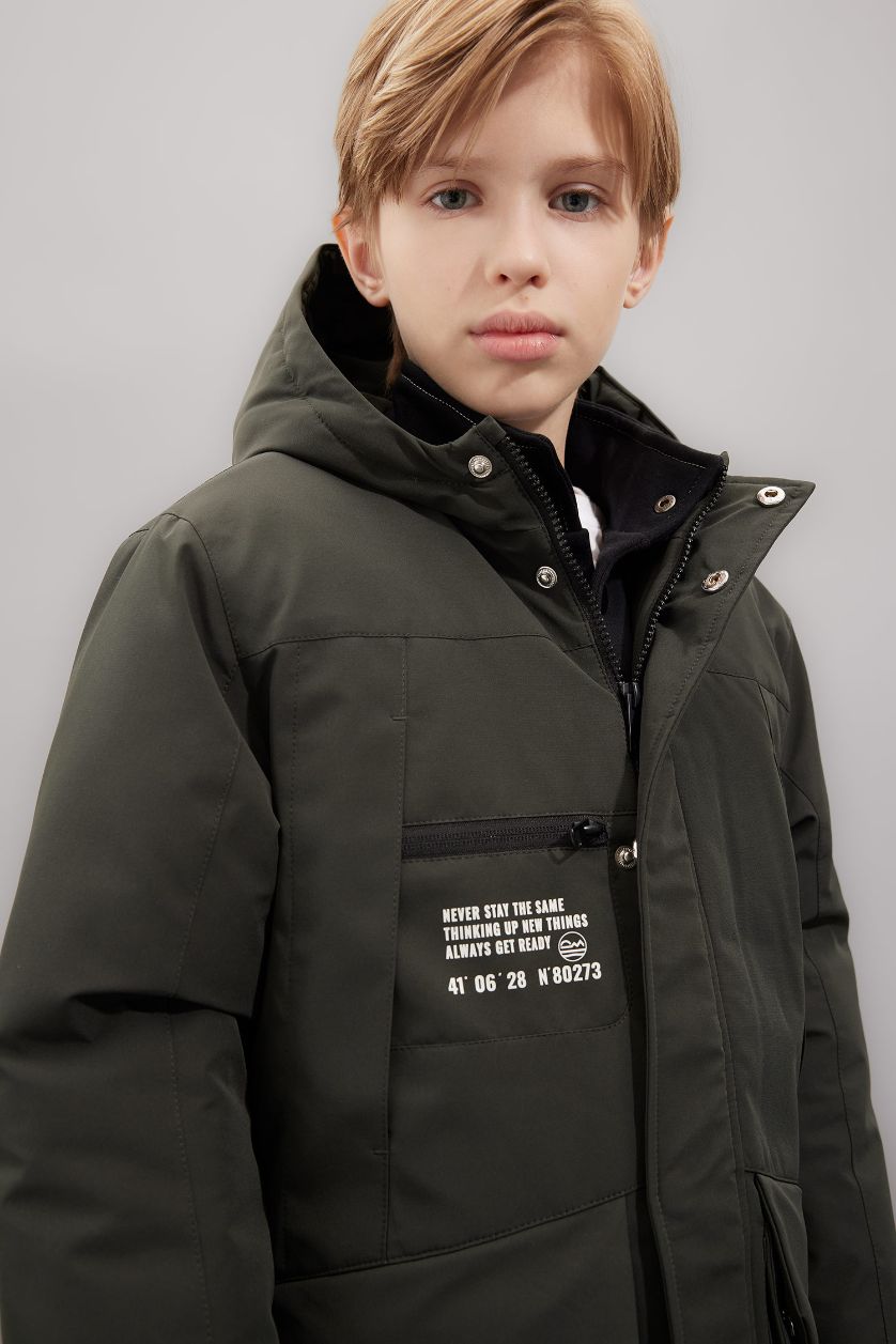 BOYS & TEENS Dark Khaki Boy Waterproof Hooded Zip-Up Pocketed Puffer Jacket