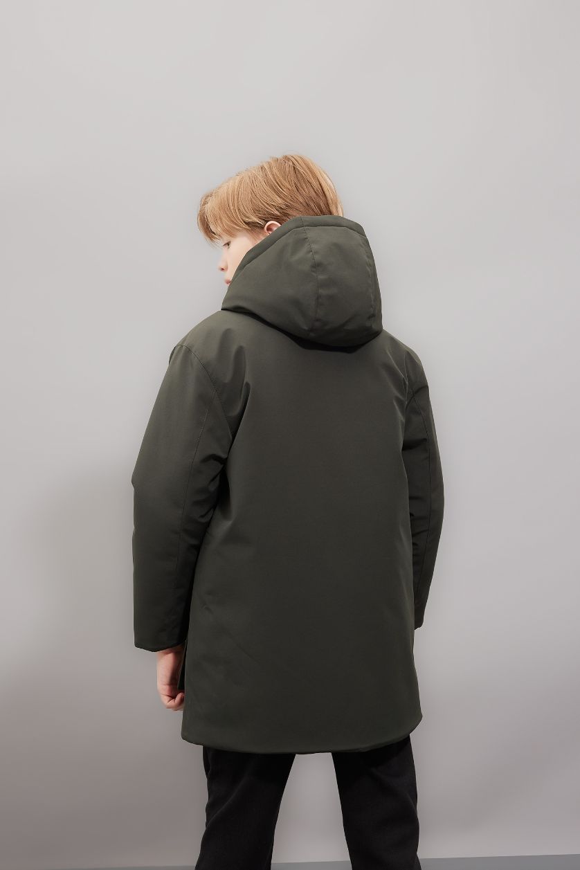 BOYS & TEENS Dark Khaki Boy Waterproof Hooded Zip-Up Pocketed Puffer Jacket