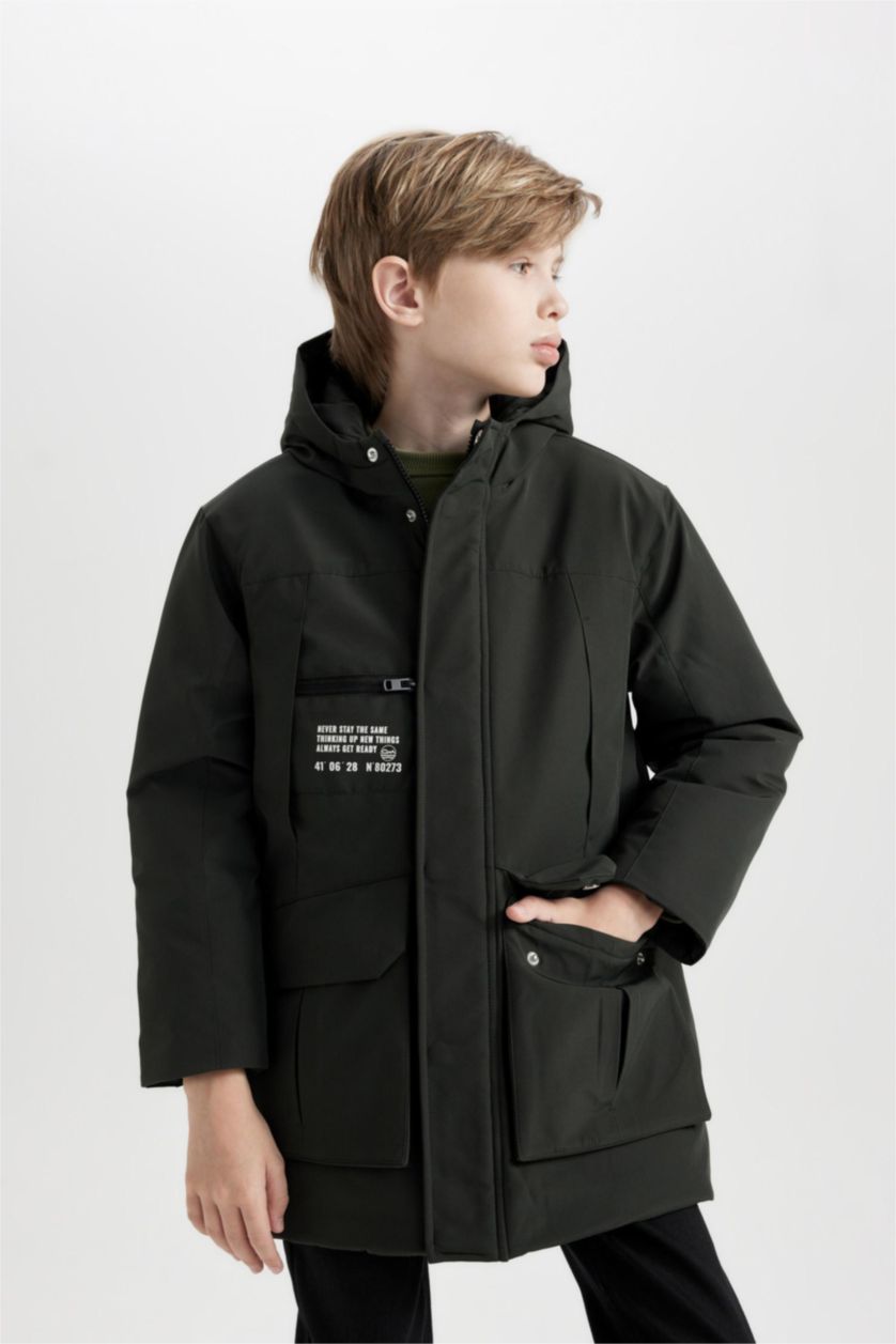 BOYS & TEENS Dark Khaki Boy Waterproof Hooded Zip-Up Pocketed Puffer Jacket