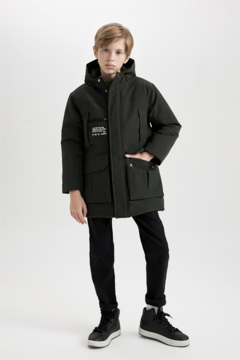 BOYS & TEENS Dark Khaki Boy Waterproof Hooded Zip-Up Pocketed Puffer Jacket