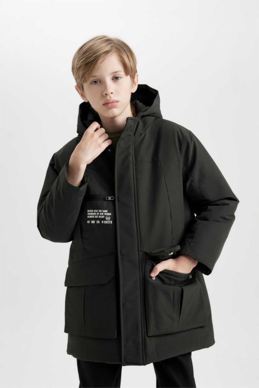 BOYS & TEENS Dark Khaki Boy Waterproof Hooded Zip-Up Pocketed Puffer Jacket