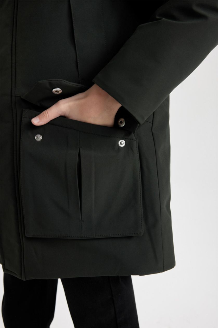 BOYS & TEENS Dark Khaki Boy Waterproof Hooded Zip-Up Pocketed Puffer Jacket