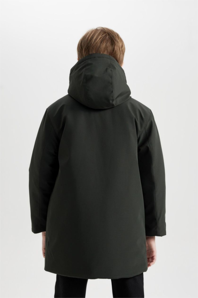 BOYS & TEENS Dark Khaki Boy Waterproof Hooded Zip-Up Pocketed Puffer Jacket