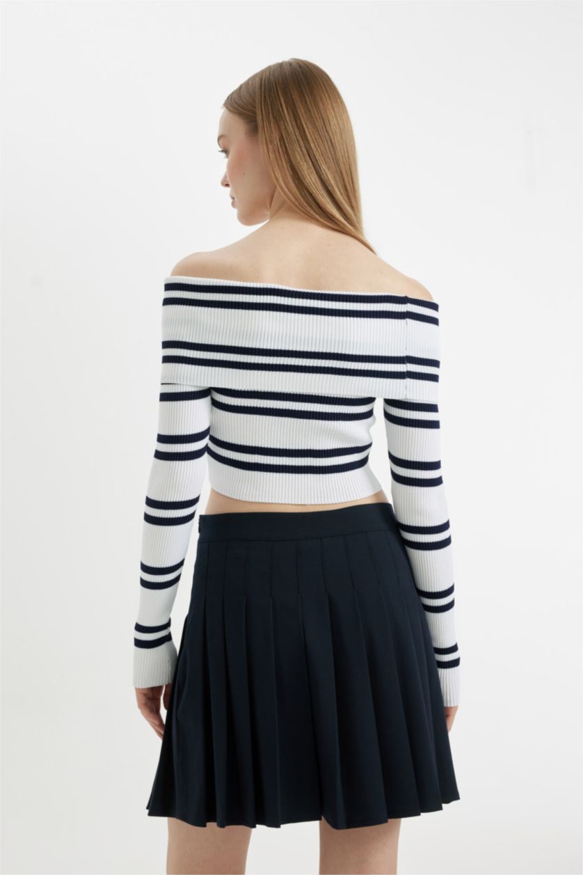 Woman NAVY Slim Fit Striped Open Shoulder Knitwear Pullover
