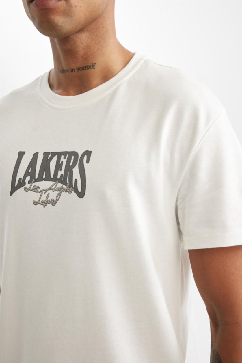 رجال بيج فاتح تيشيرت قصة عادية برقبة مستديرة من لوس أنجلوس ليكرز