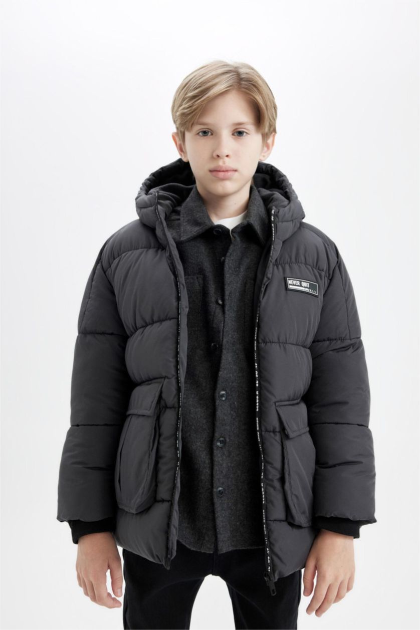 Erkek Çocuk - Genç Erkek Meşe Yeşili Su Geçirmez Kapüşonlu Parka Erkek Çocuk