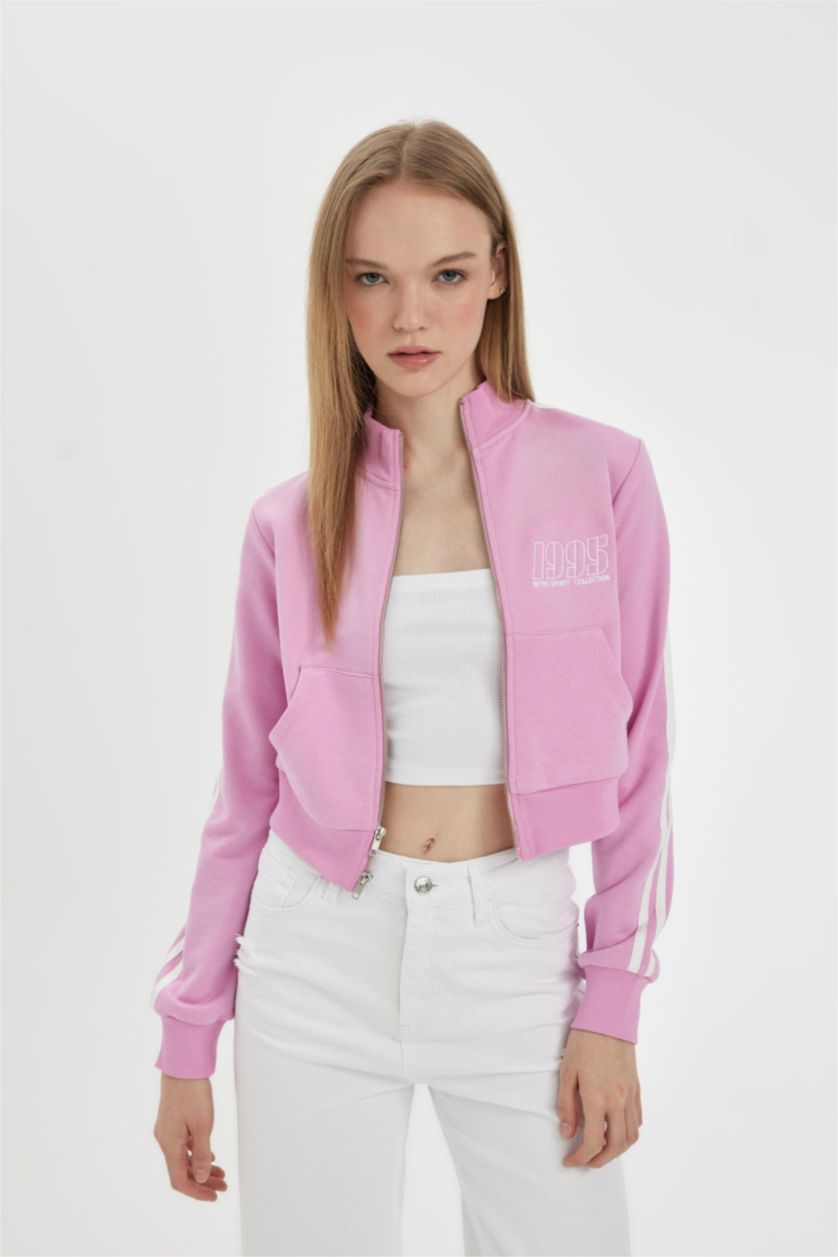Woman Pink Fitted Printed Sports Cardigan